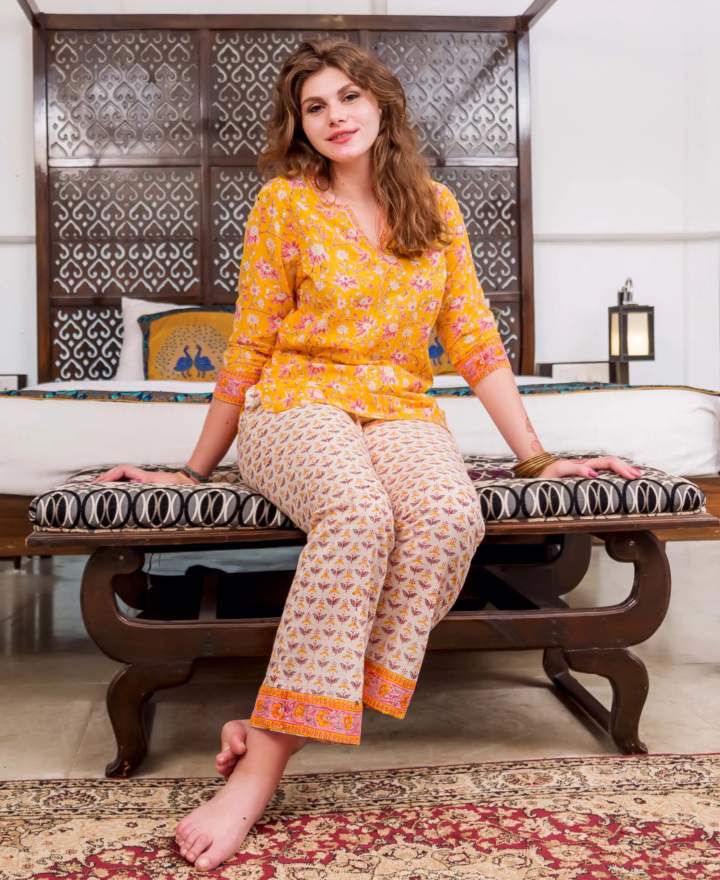 2 Piece Yellow and White Block Printed Night Suit