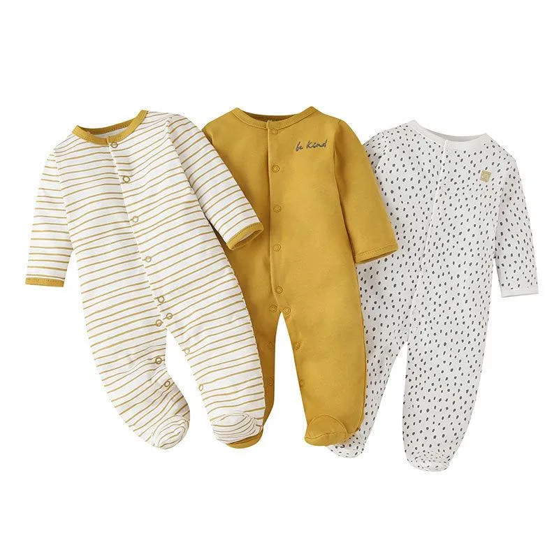 3PCS Baby Boys Girls Solid Color Lovely Printed Cotton Wrap Long Sleeve Jumpsuit