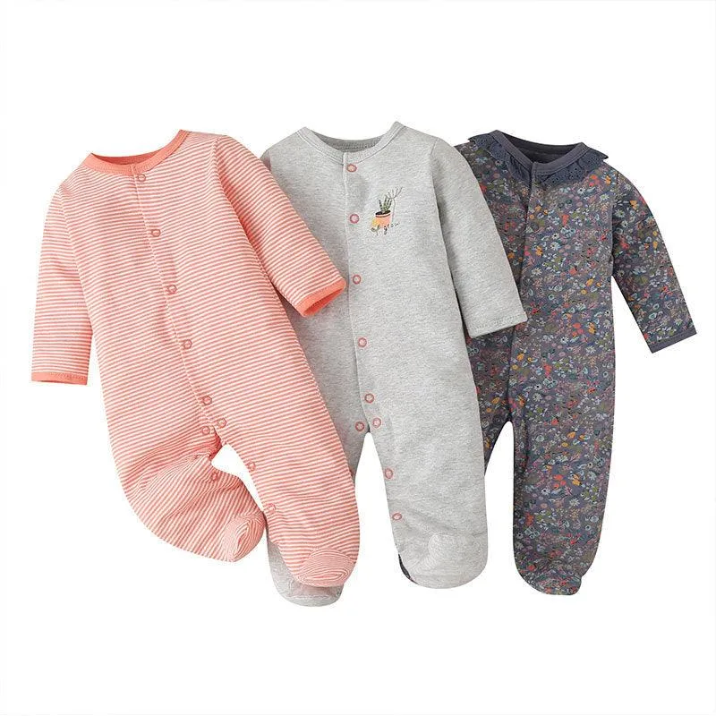 3PCS Baby Boys Girls Solid Color Lovely Printed Cotton Wrap Long Sleeve Jumpsuit