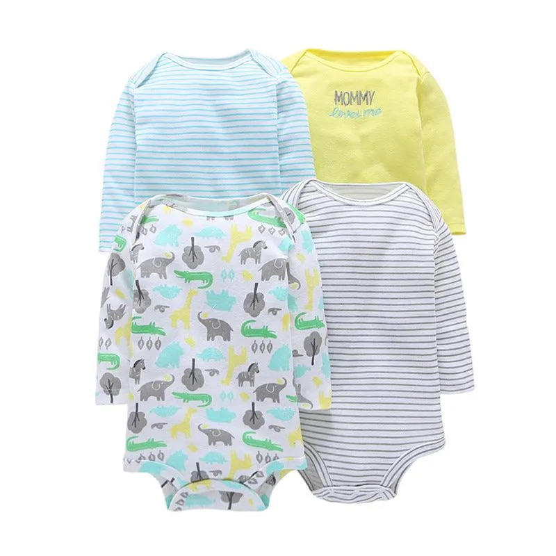 4pcs Baby Cute Cartoon Printed Long Sleeve Mixed Color Triangle Jumpsuit