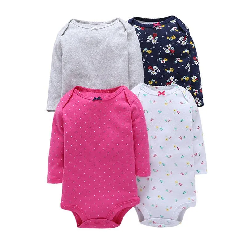 4pcs Baby Cute Cartoon Printed Long Sleeve Mixed Color Triangle Jumpsuit