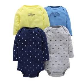 4pcs Baby Cute Cartoon Printed Long Sleeve Mixed Color Triangle Jumpsuit