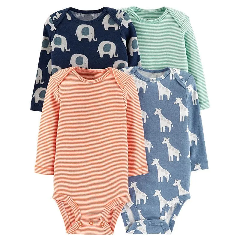 4pcs Baby Cute Cartoon Printed Long Sleeve Mixed Color Triangle Jumpsuit