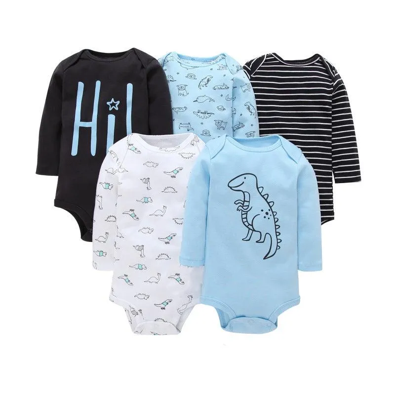 5PCS Baby Boys Girls Cotton Solid Color Printed Long Sleeve Triangle Jumpsuit