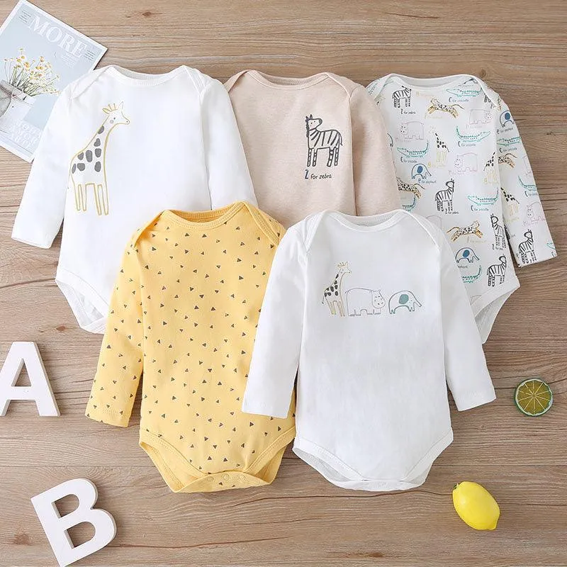 5PCS Baby Long Sleeve Cartoon Printed Triangle Jumpsuit