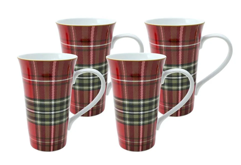 6.25" TALL Tartan Plaid Red & Green Scottish Mugs Coffee Cups Set of 4 NEW 222 Fifth Wexford