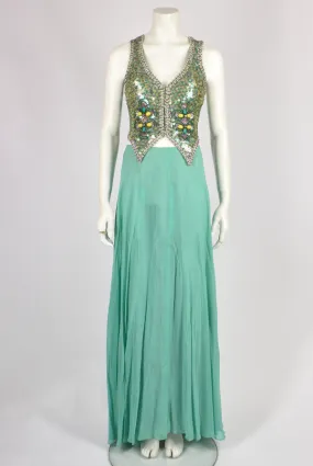 70S HILARY FLOYD BEADED TURQUOISE WAISTCOAT AND SKIRT SET