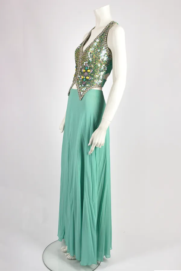 70S HILARY FLOYD BEADED TURQUOISE WAISTCOAT AND SKIRT SET