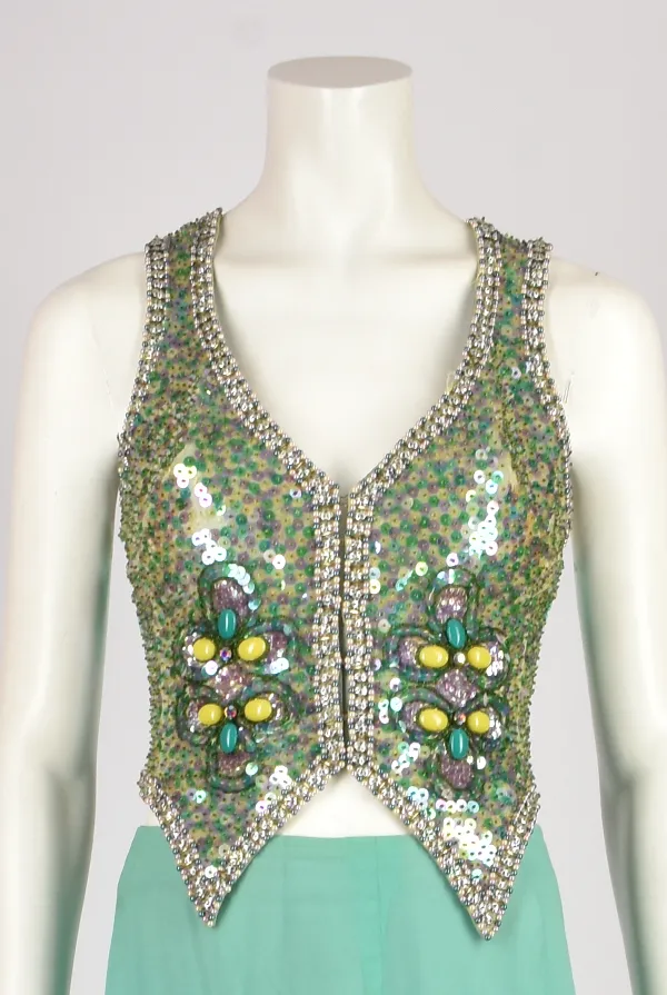 70S HILARY FLOYD BEADED TURQUOISE WAISTCOAT AND SKIRT SET