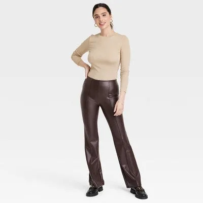 A New Day Women's Flare Curvy High Rise Pull-On Flare Leather Pants Stretch