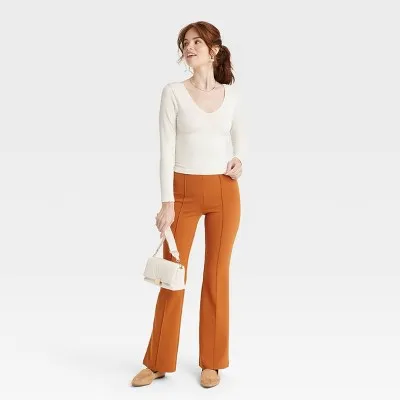 A New Day Women's Flare Curvy High Rise Pull-On Flare Leather Pants Stretch