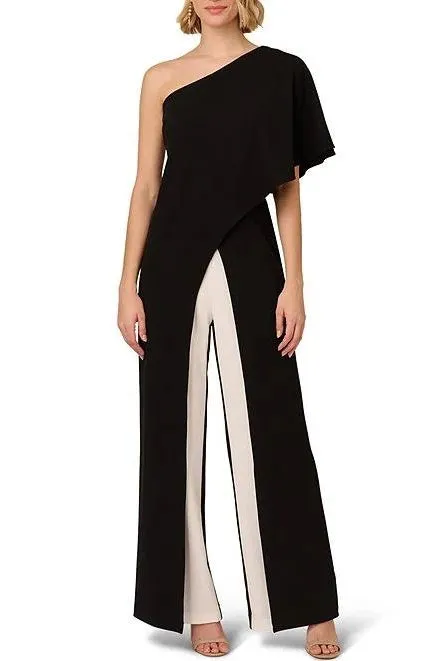 Adrianna Papell Stretch Colorblock One Shoulder Short Sleeve Overlay Jumpsuit