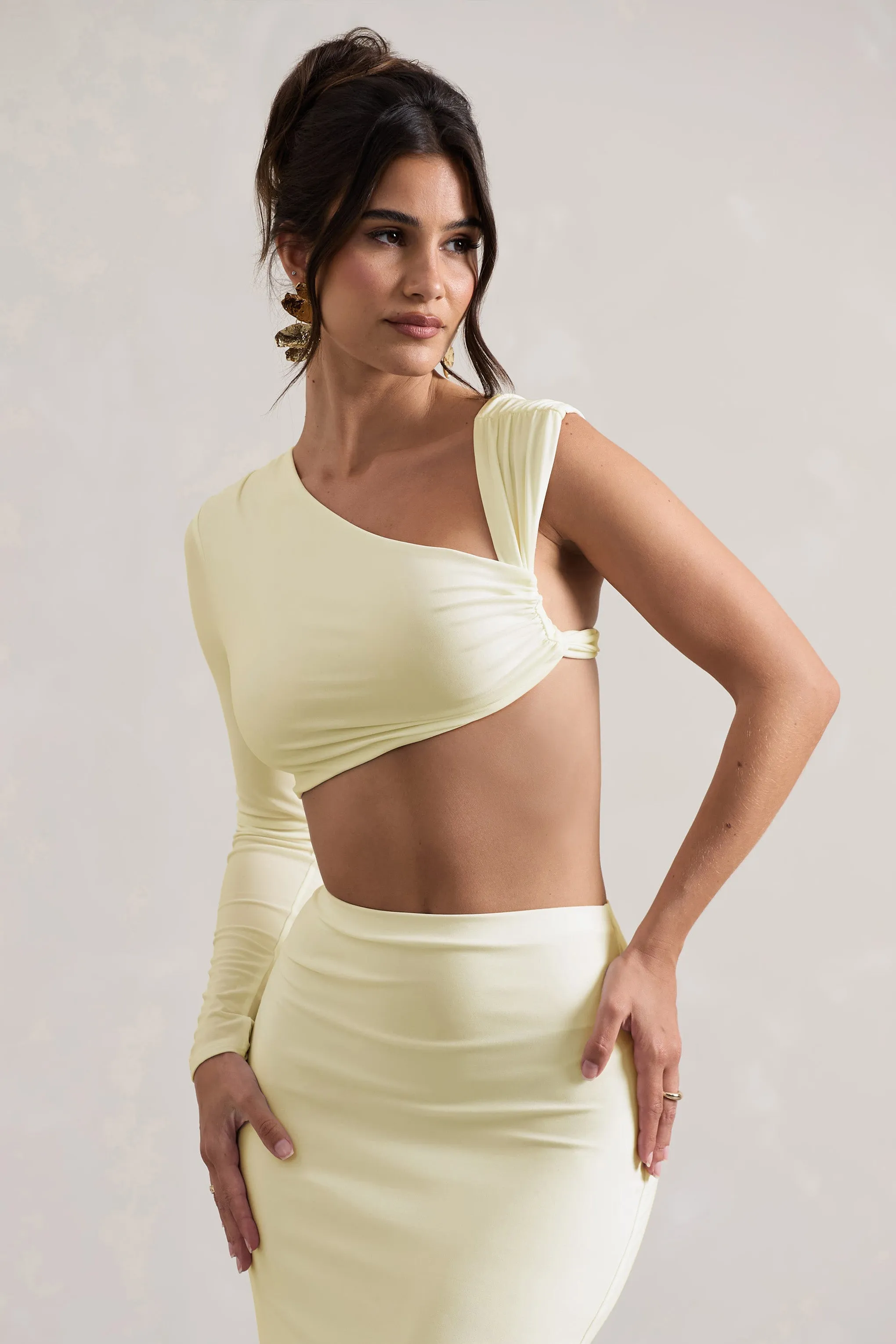 Agalia | Cream Ruched Asymmetric One-Sleeve Crop Top