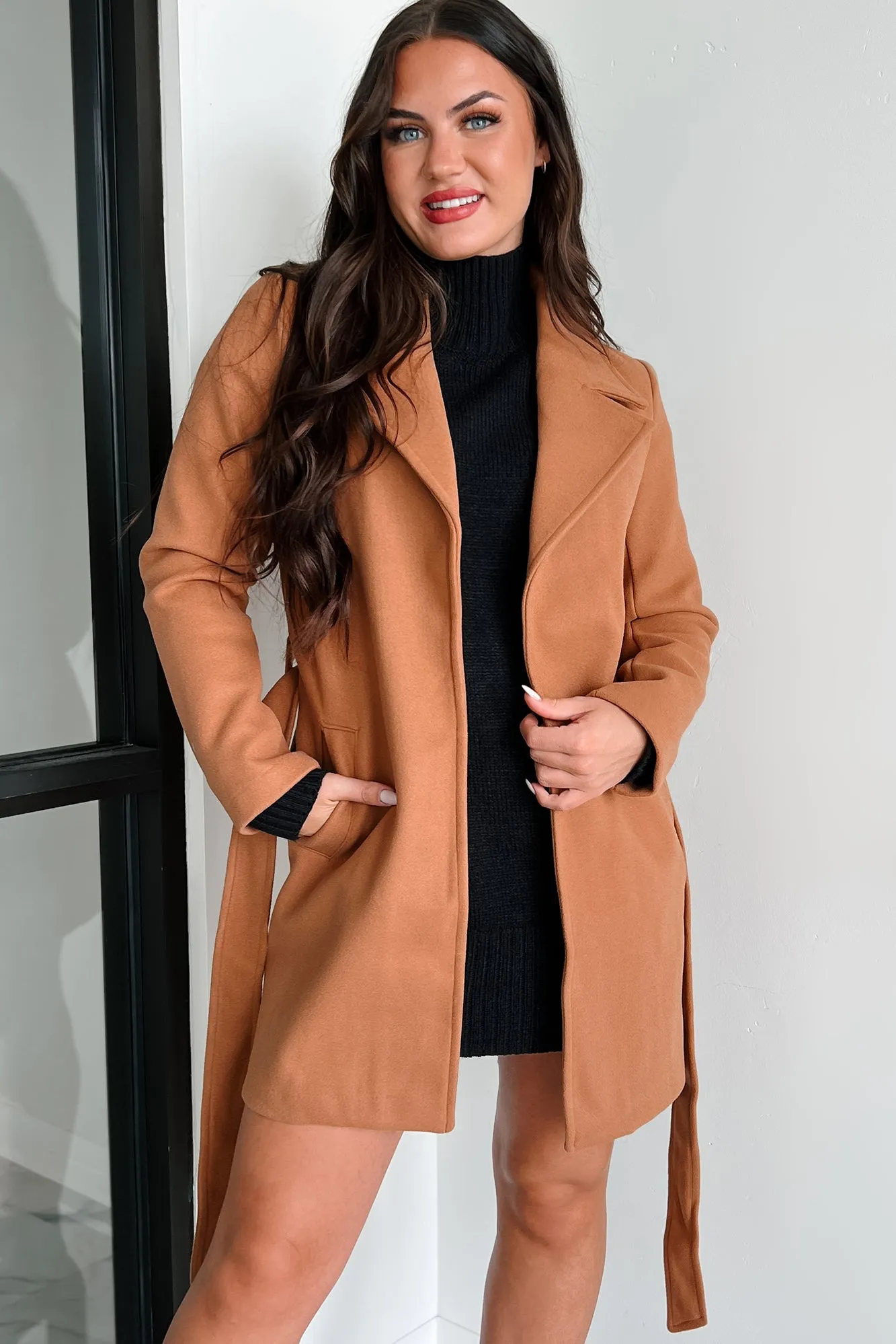 Autumn Mornings Tie Waist Trench Coat (Camel)