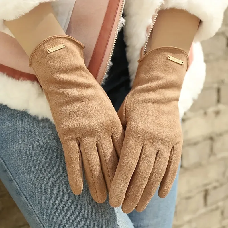 Autumn Winter Women's Suede Gloves Golden Label Split Finger Warm Gloves Going Out Solid Color Versatile Gloves