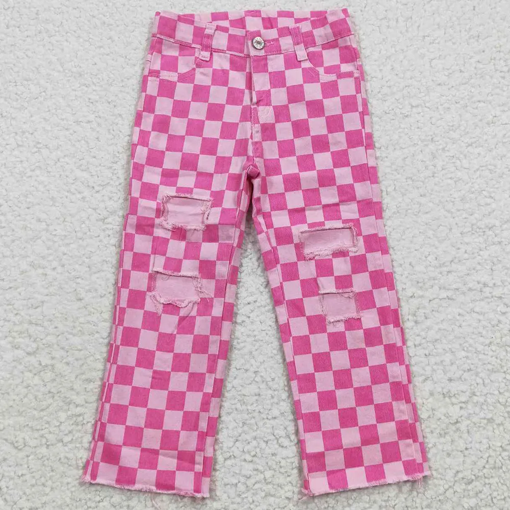 Baby Girls Pink Check Denim Bell Bottom Pants P0096