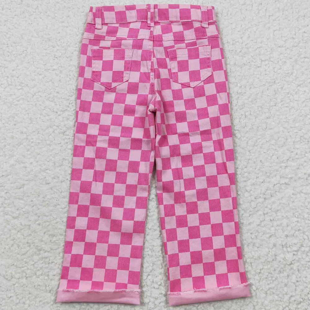 Baby Girls Pink Check Denim Bell Bottom Pants P0096