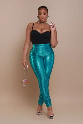 Be Honest Ruched High Waist Pants - Teal Metallic Leggings