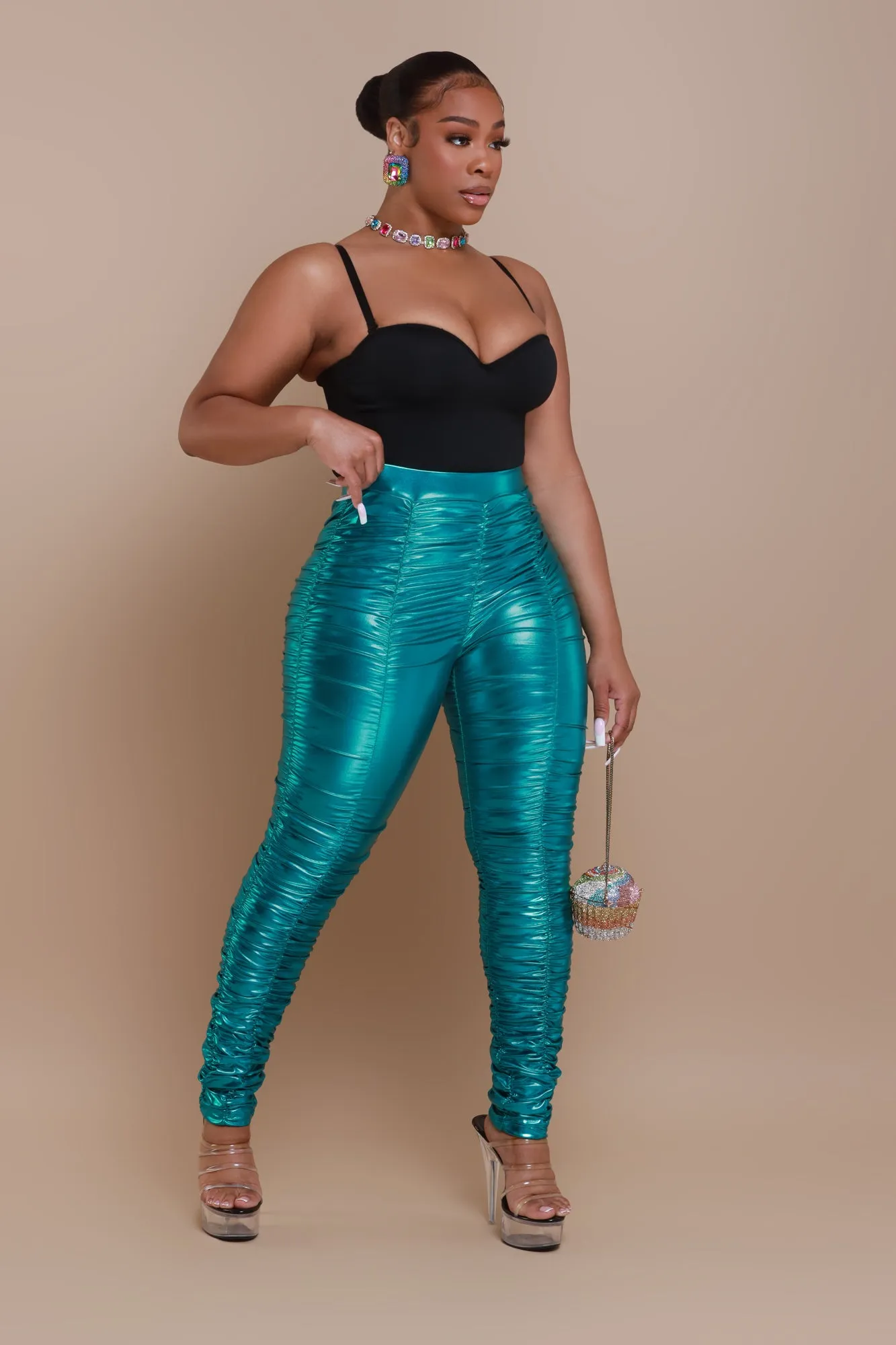 Be Honest Ruched High Waist Pants - Teal Metallic Leggings