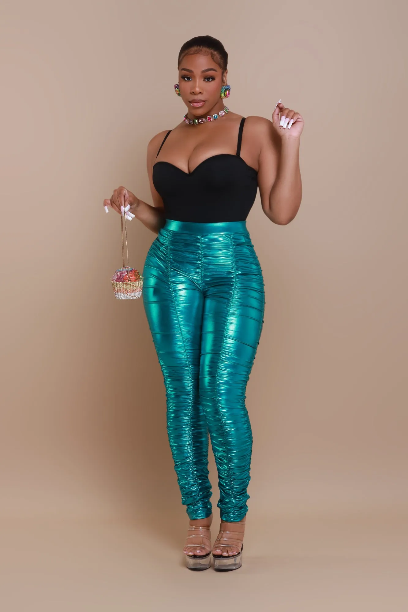 Be Honest Ruched High Waist Pants - Teal Metallic Leggings