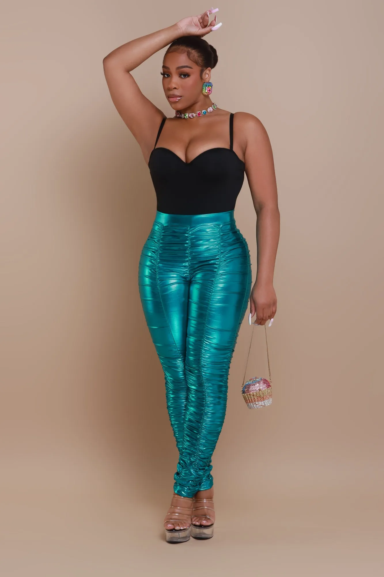 Be Honest Ruched High Waist Pants - Teal Metallic Leggings