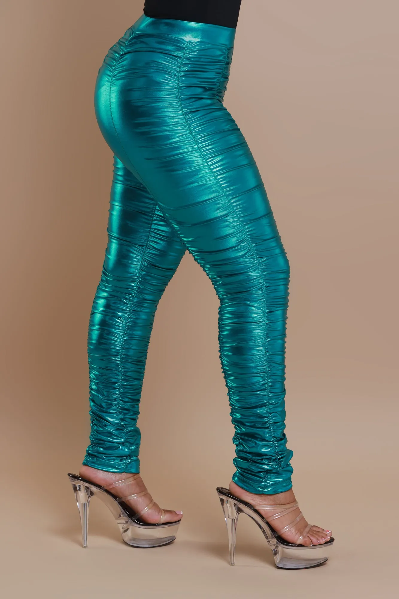 Be Honest Ruched High Waist Pants - Teal Metallic Leggings