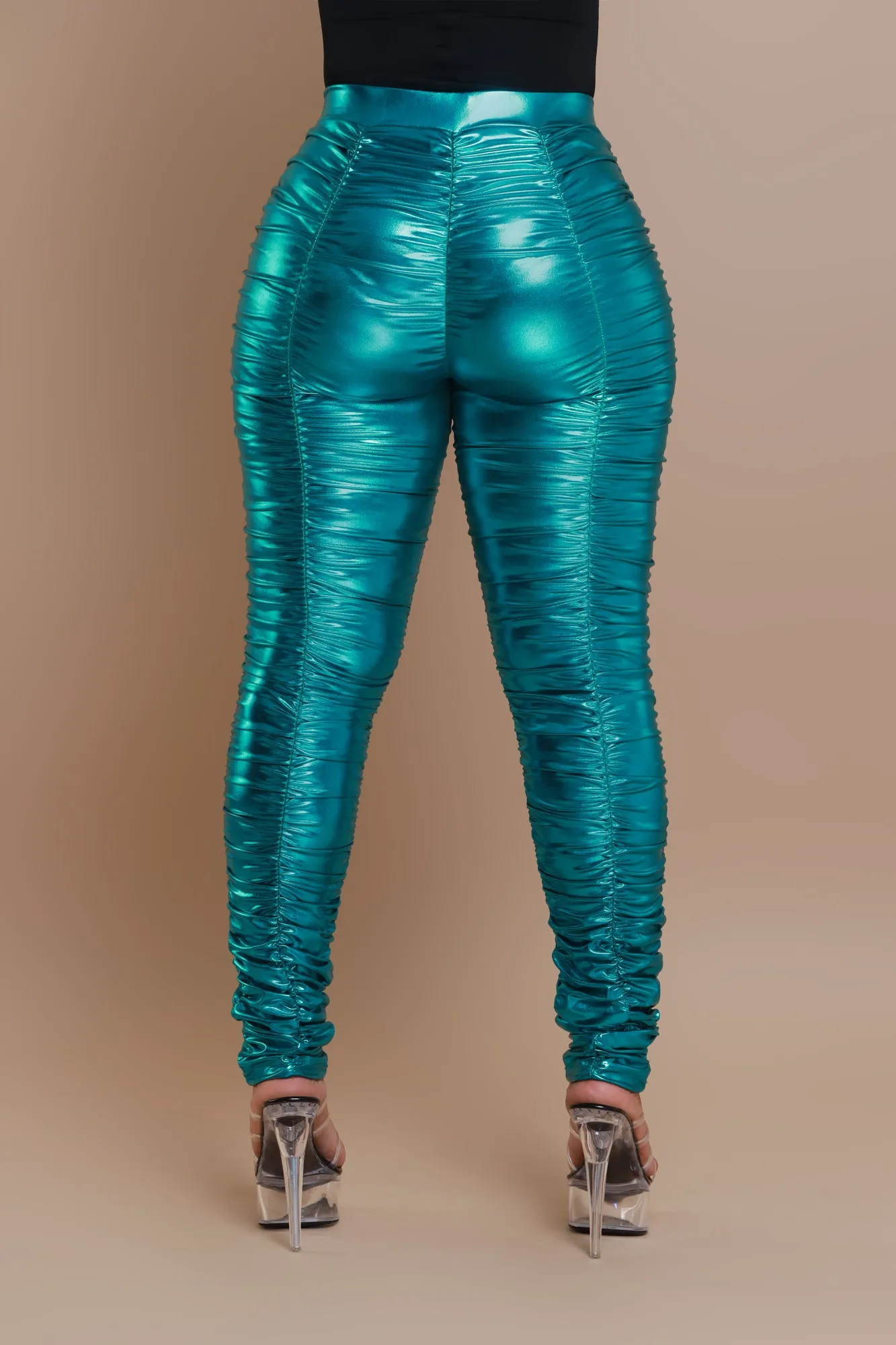 Be Honest Ruched High Waist Pants - Teal Metallic Leggings