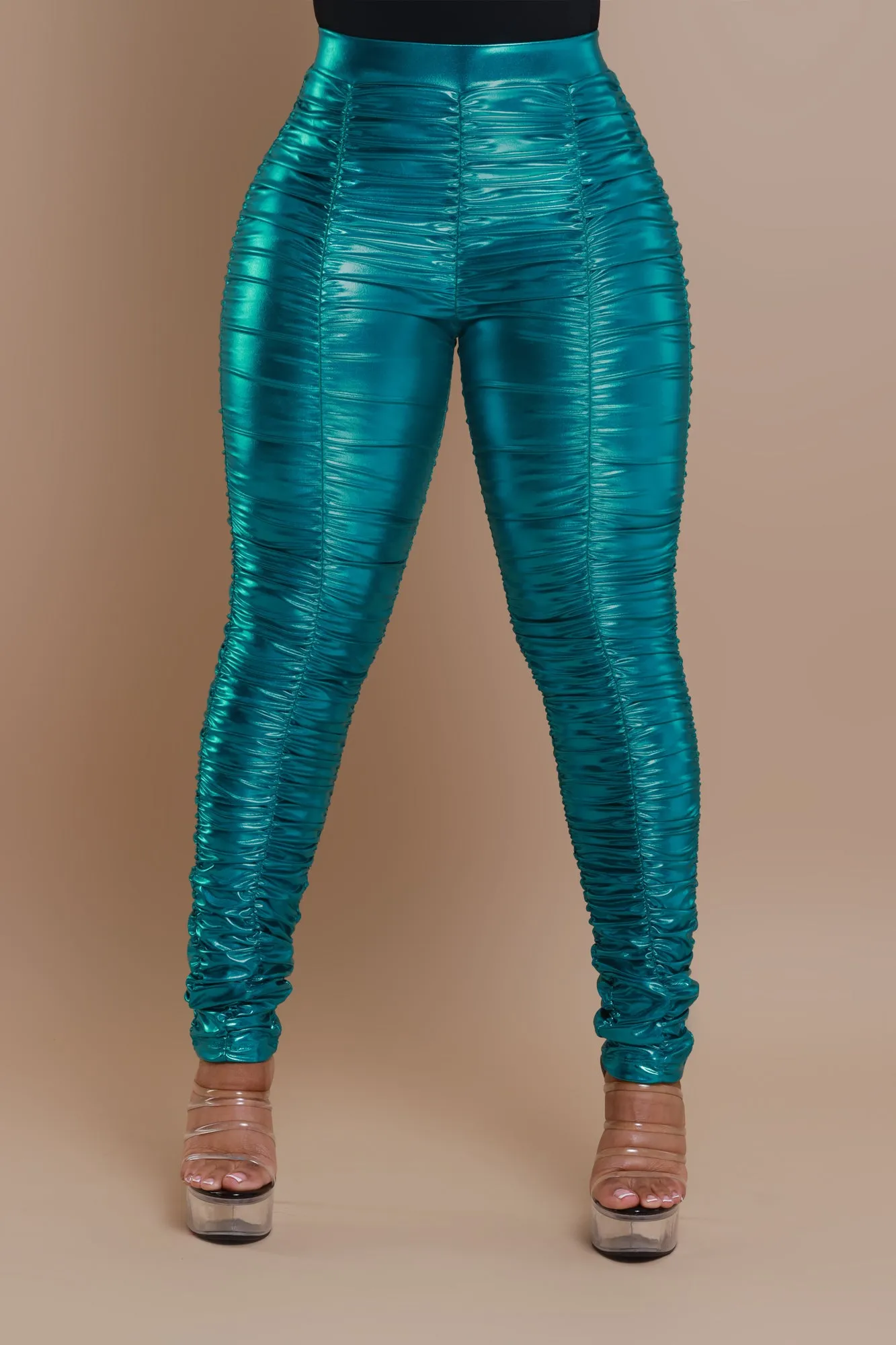 Be Honest Ruched High Waist Pants - Teal Metallic Leggings