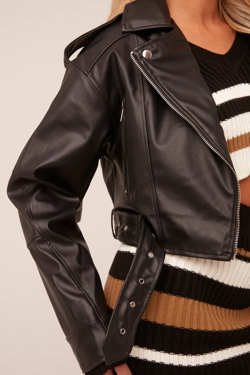 Black Faux Leather Biker Jacket - Loden