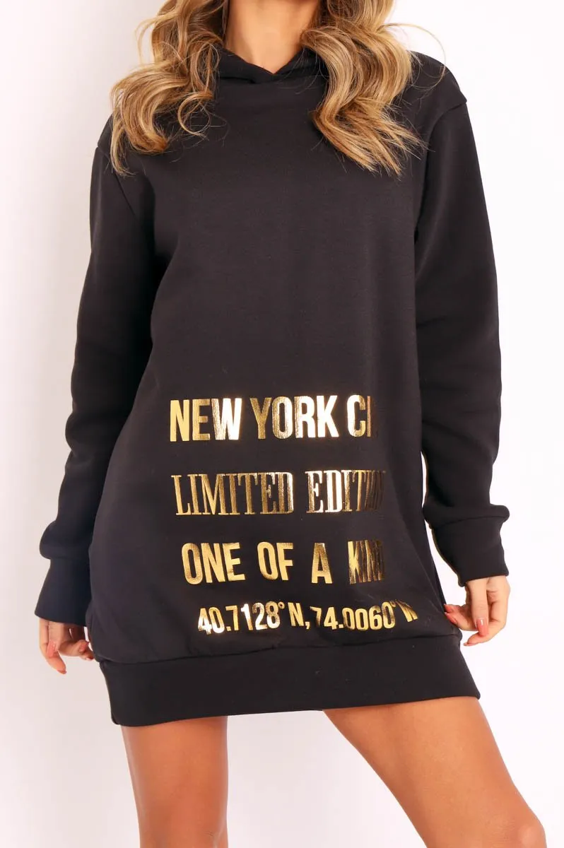 Black Gold Metallic Slogan Hoodie - Dacia