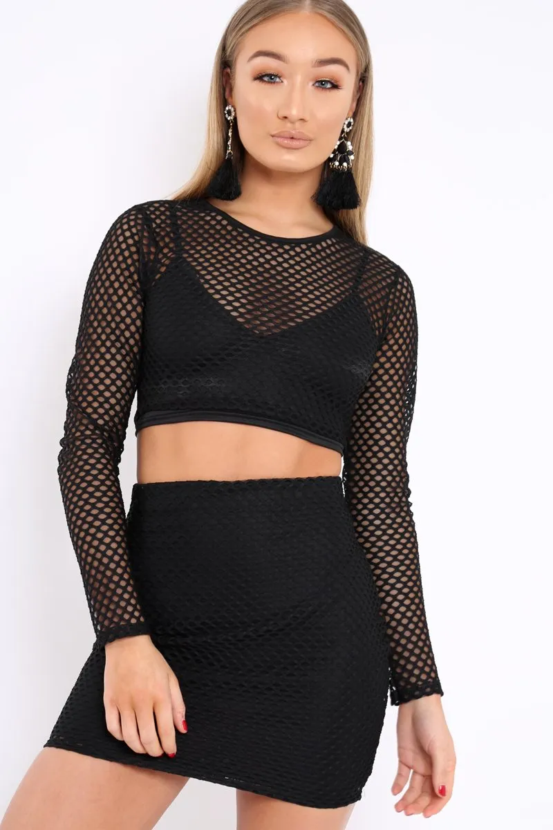 Black Long Sleeve Cropped Fishnet Co-Ord Set - Jaelys