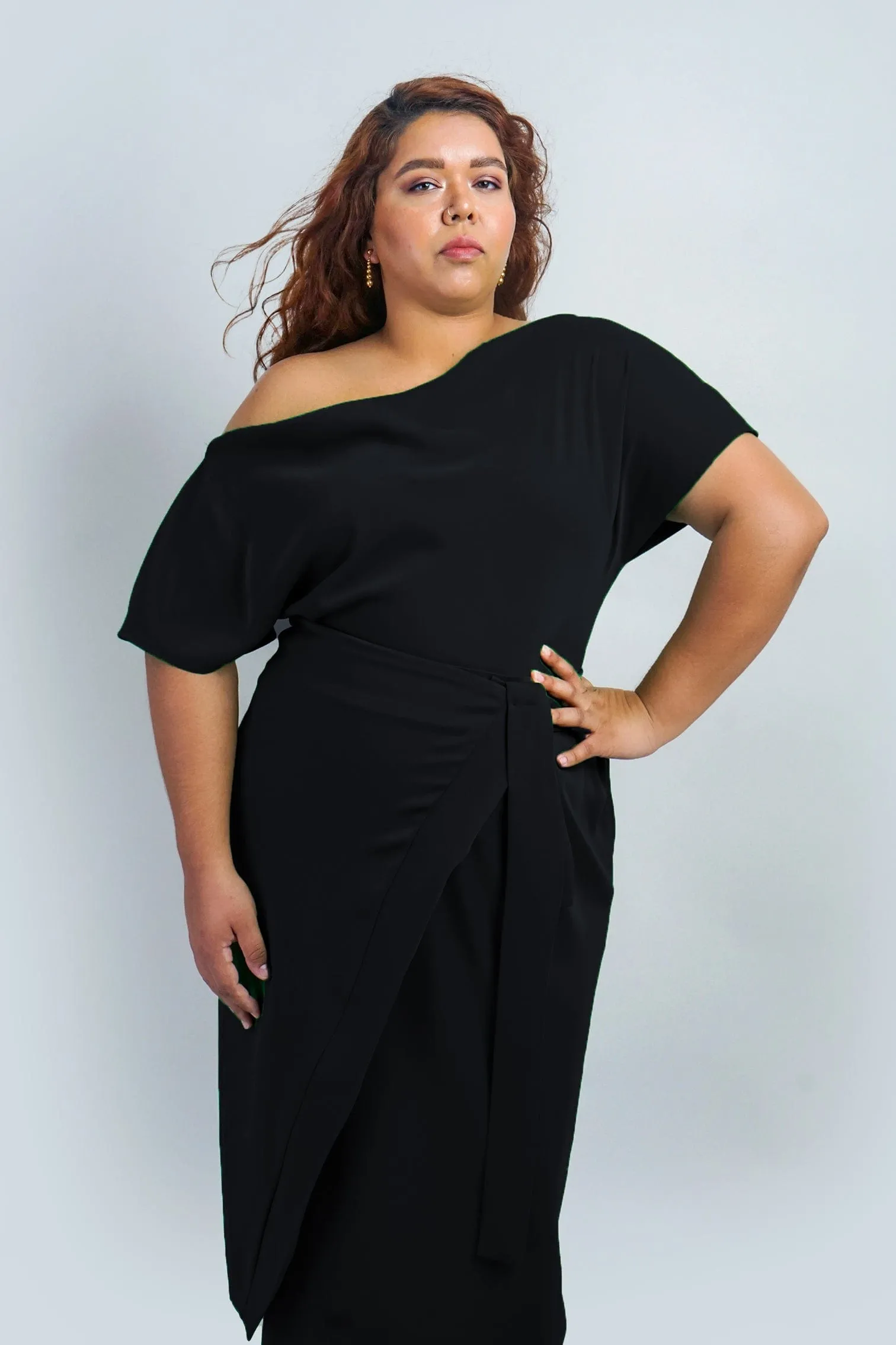 Black Misha Wrapped Midi Skirt