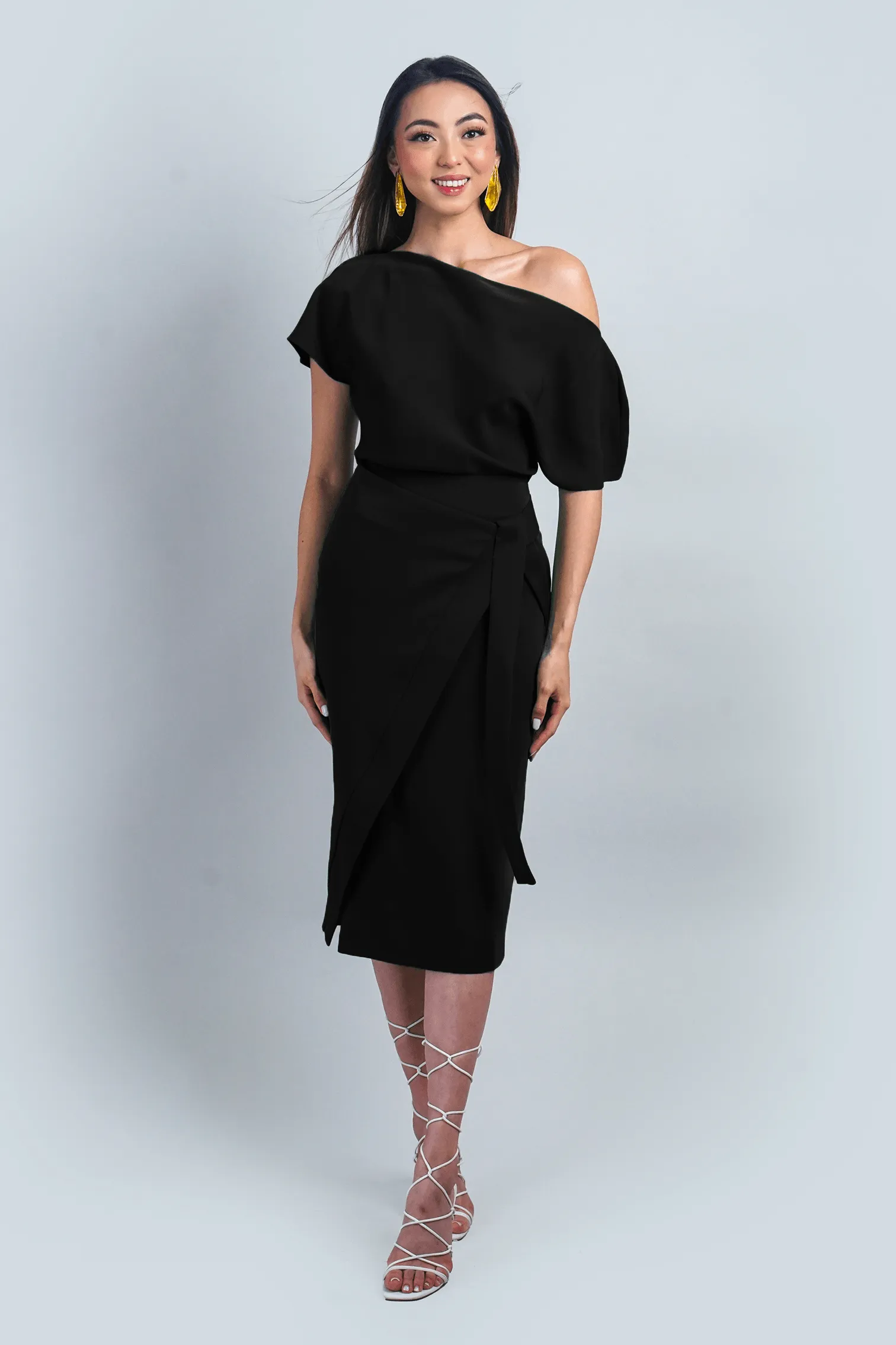 Black Misha Wrapped Midi Skirt