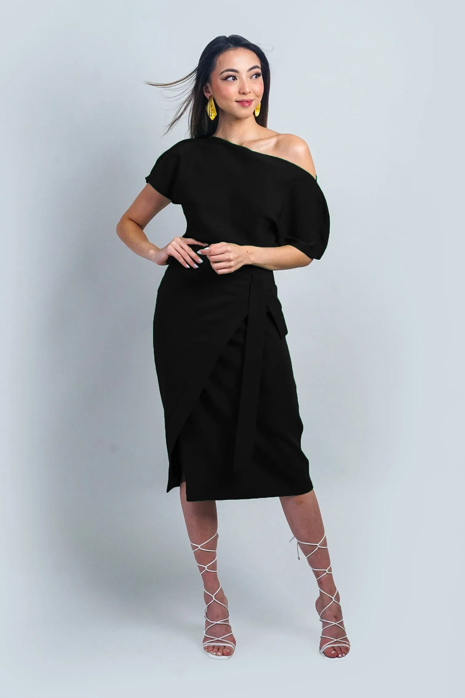 Black Misha Wrapped Midi Skirt