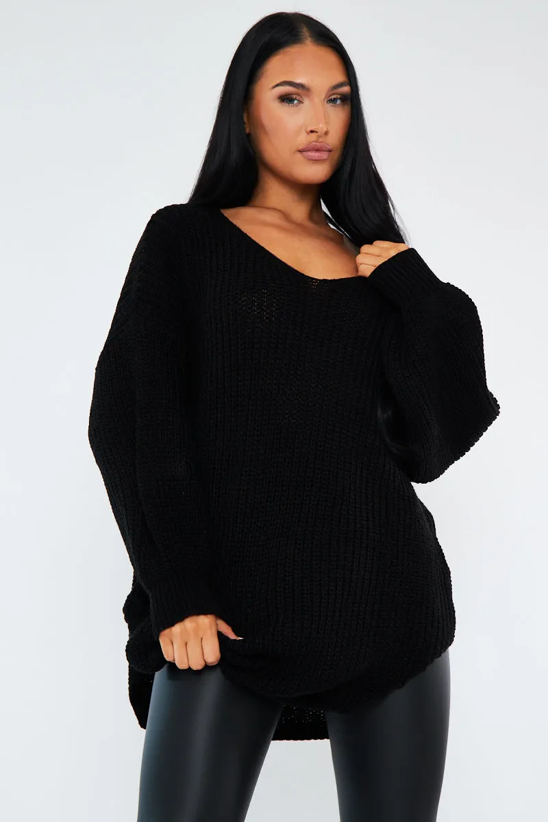 Black Oversized Knit V Neck Sweater - Evelyn