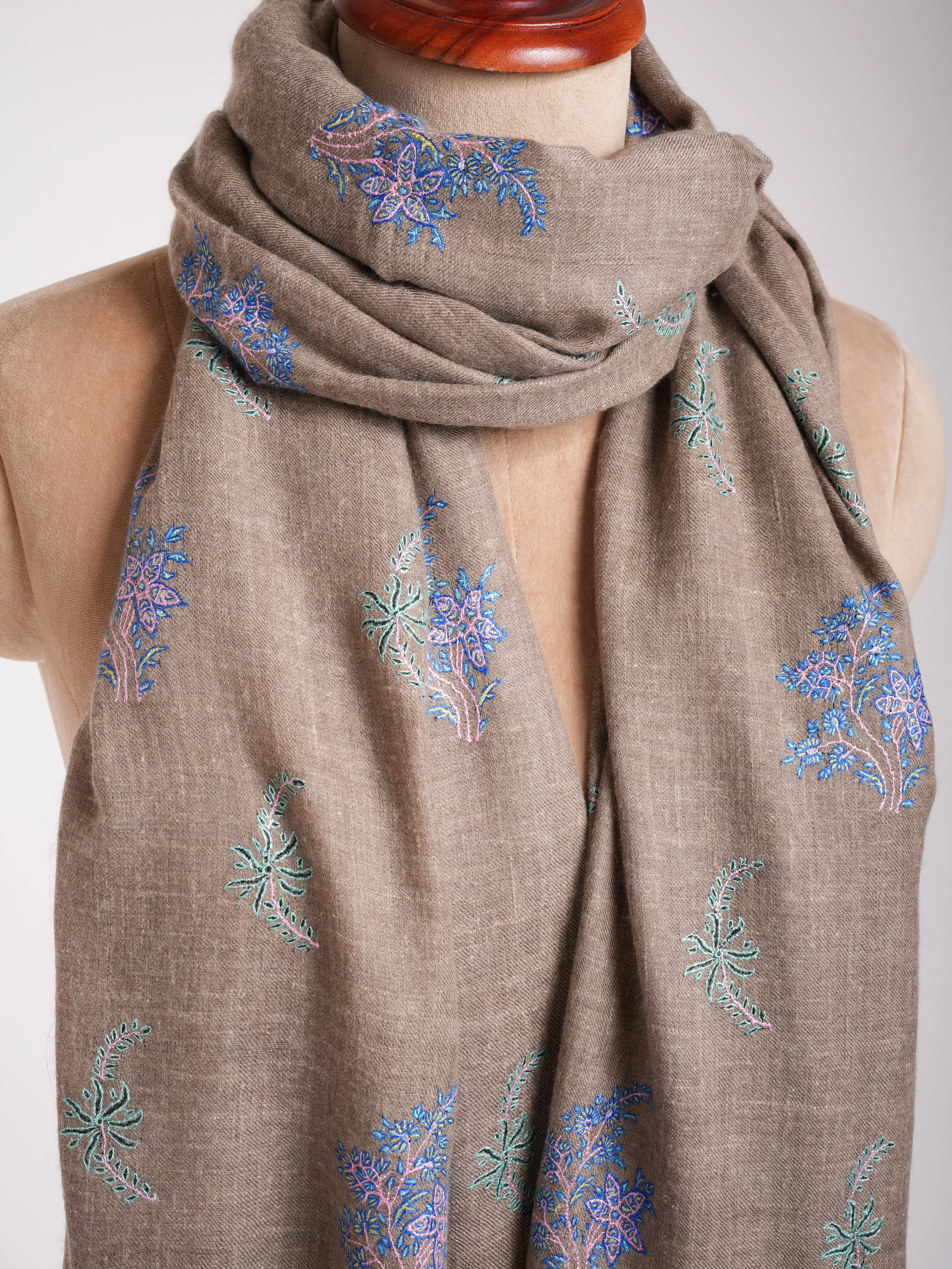 Blue Hue Embroidered Beige Pashmina Shawl