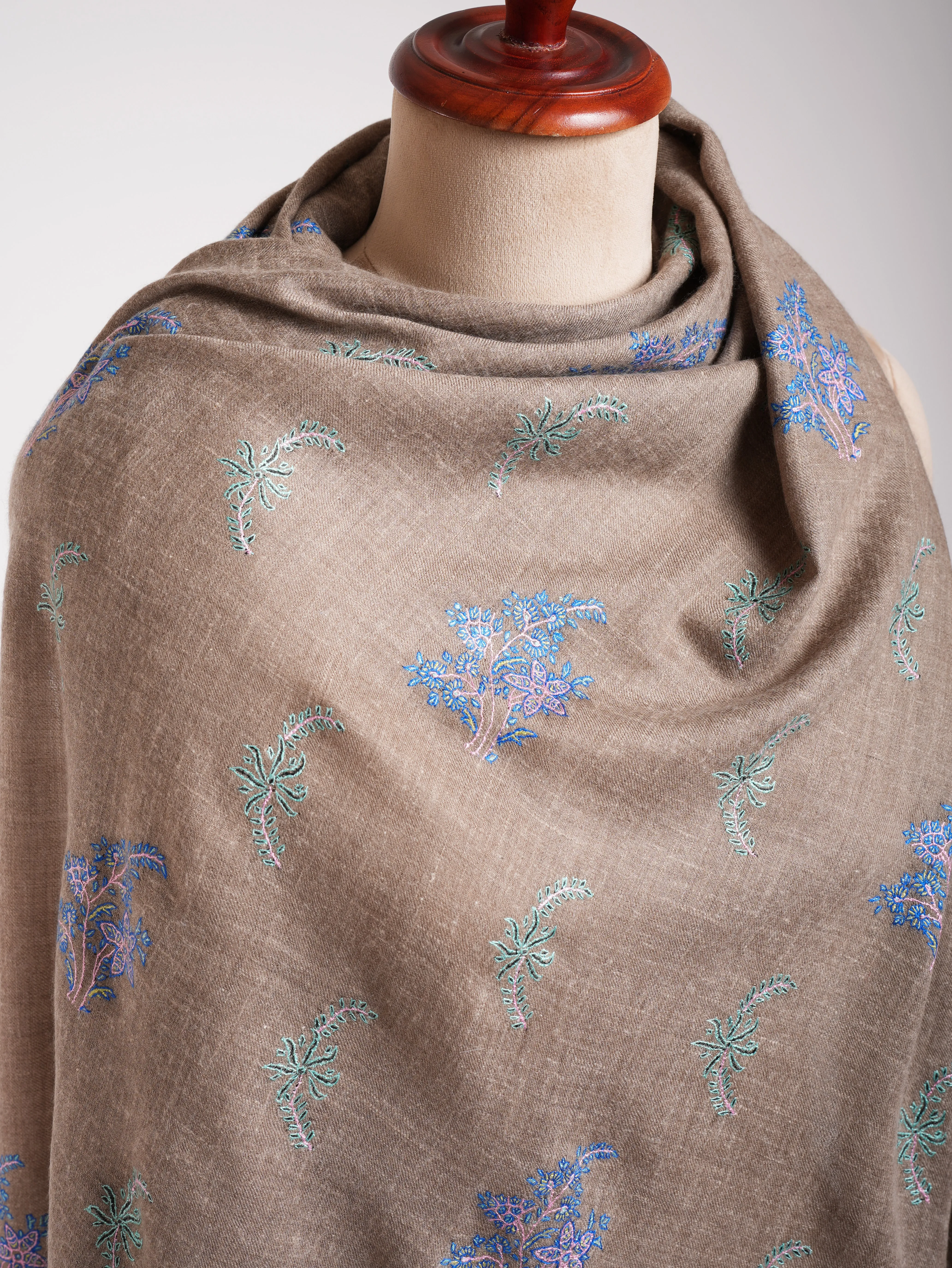 Blue Hue Embroidered Beige Pashmina Shawl