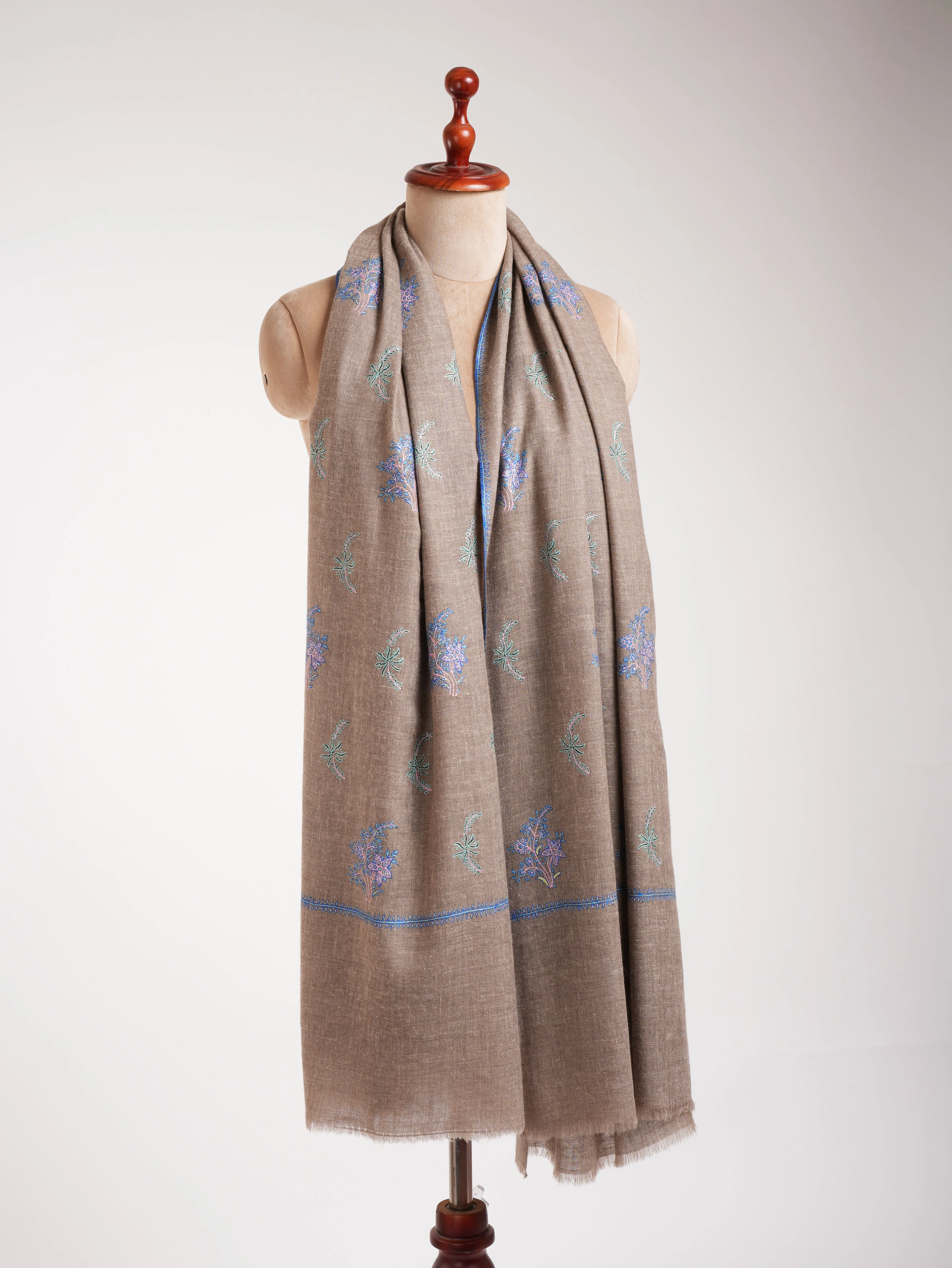 Blue Hue Embroidered Beige Pashmina Shawl