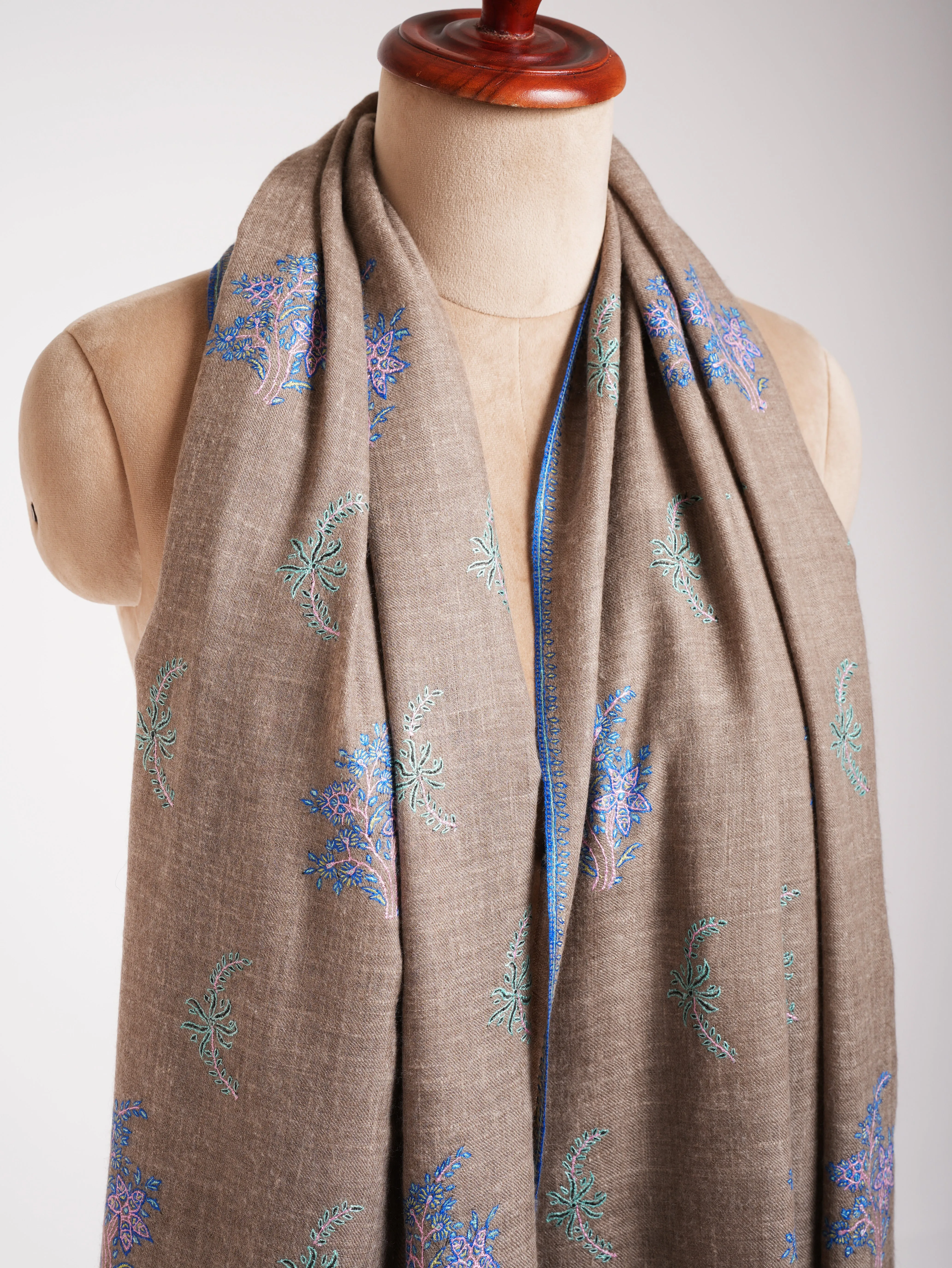 Blue Hue Embroidered Beige Pashmina Shawl