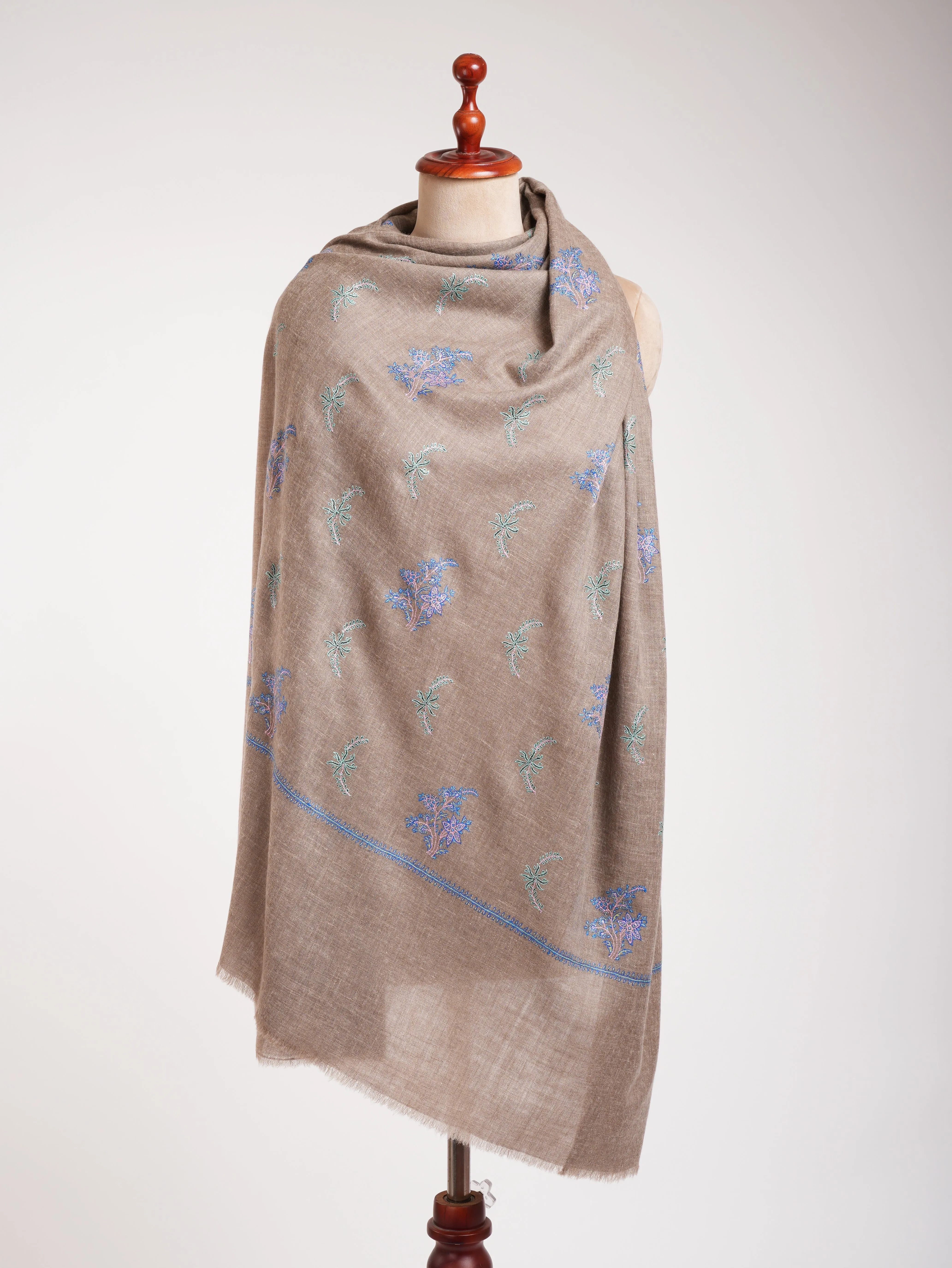 Blue Hue Embroidered Beige Pashmina Shawl