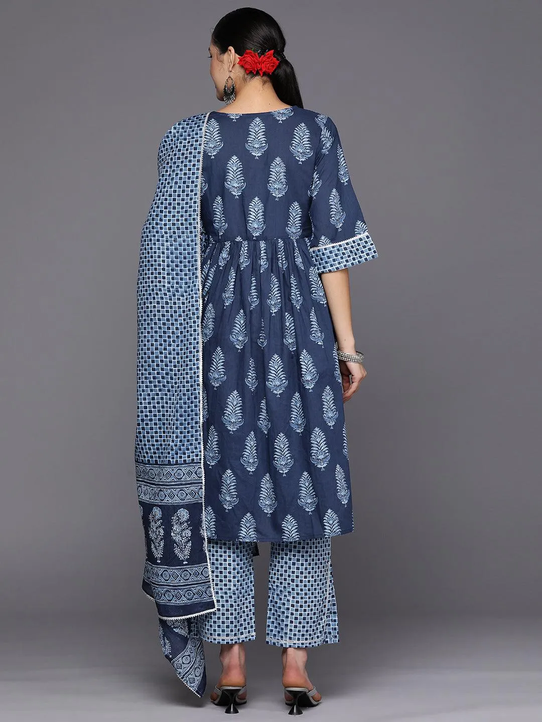 Blue Printed Cotton A-Line Kurta With Trousers & Dupatta