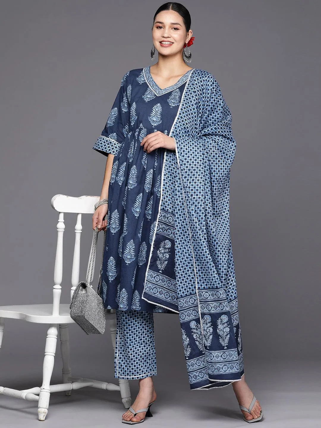 Blue Printed Cotton A-Line Kurta With Trousers & Dupatta