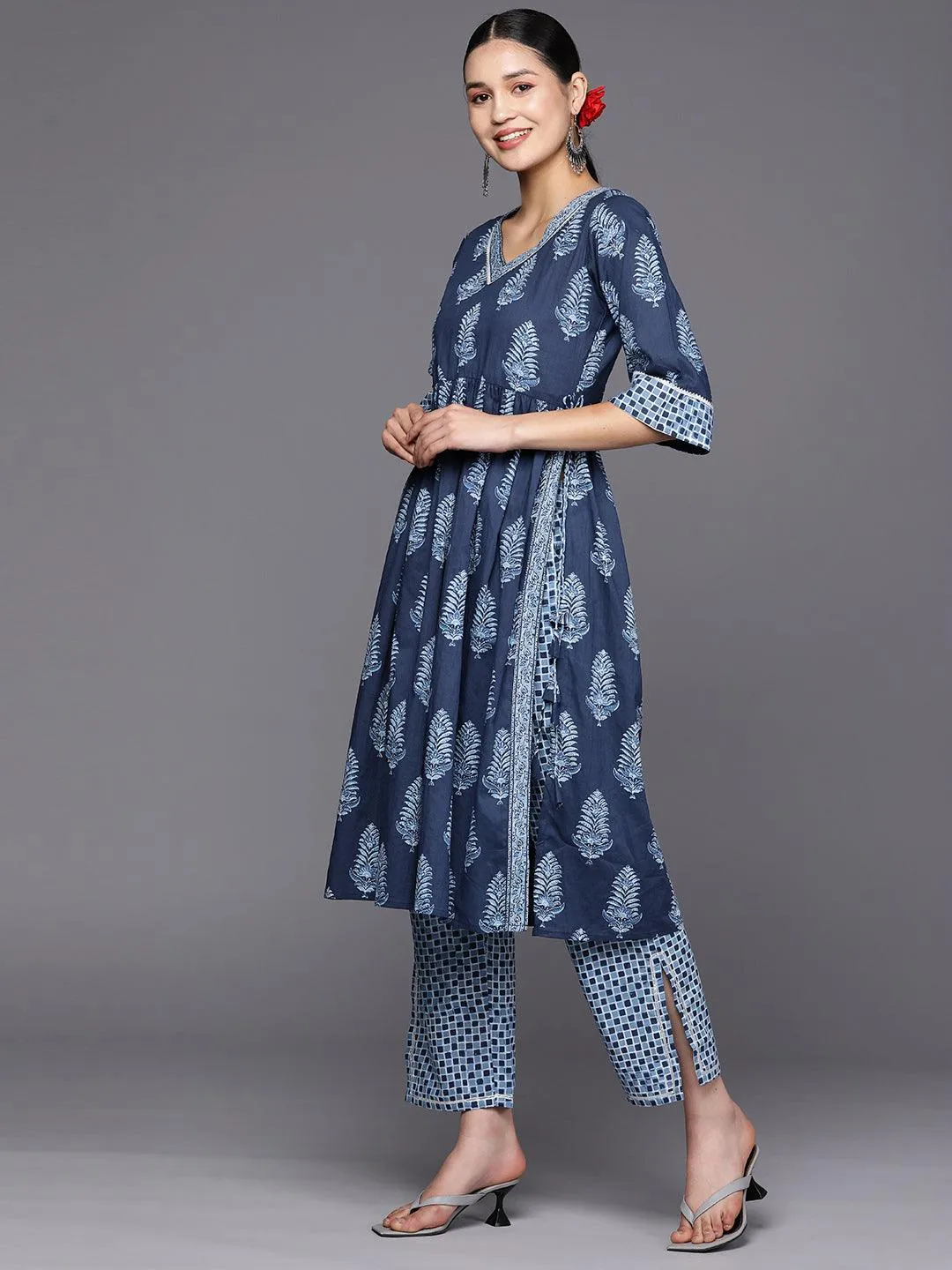 Blue Printed Cotton A-Line Kurta With Trousers & Dupatta