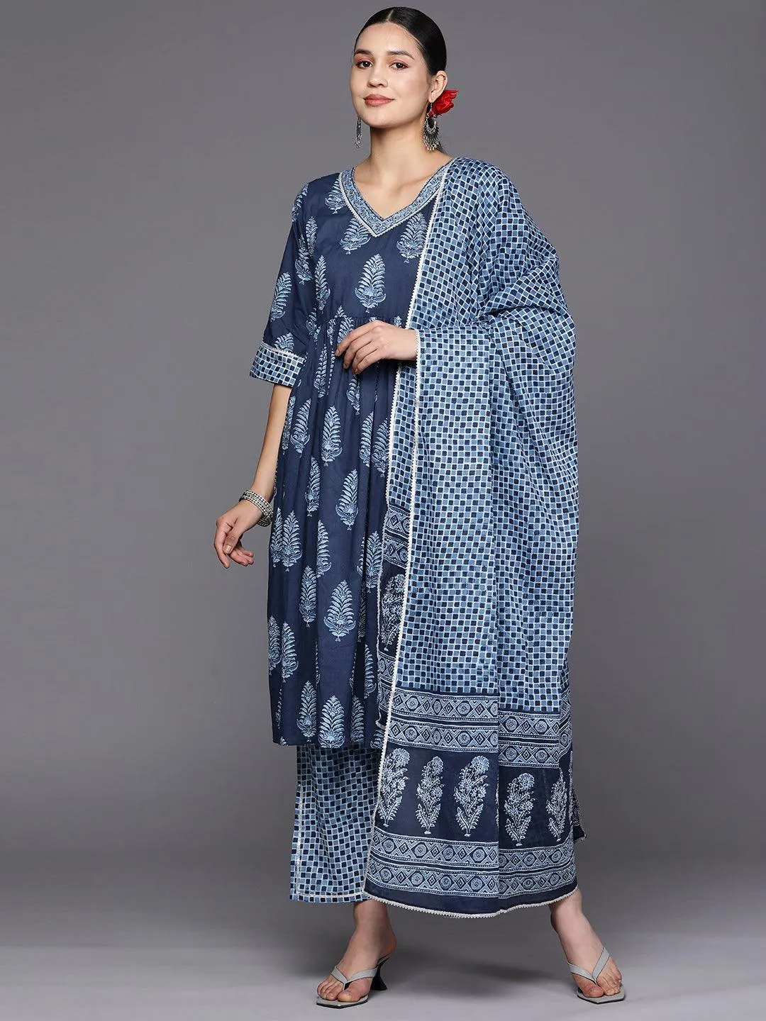 Blue Printed Cotton A-Line Kurta With Trousers & Dupatta