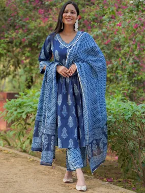 Blue Printed Cotton A-Line Kurta With Trousers & Dupatta