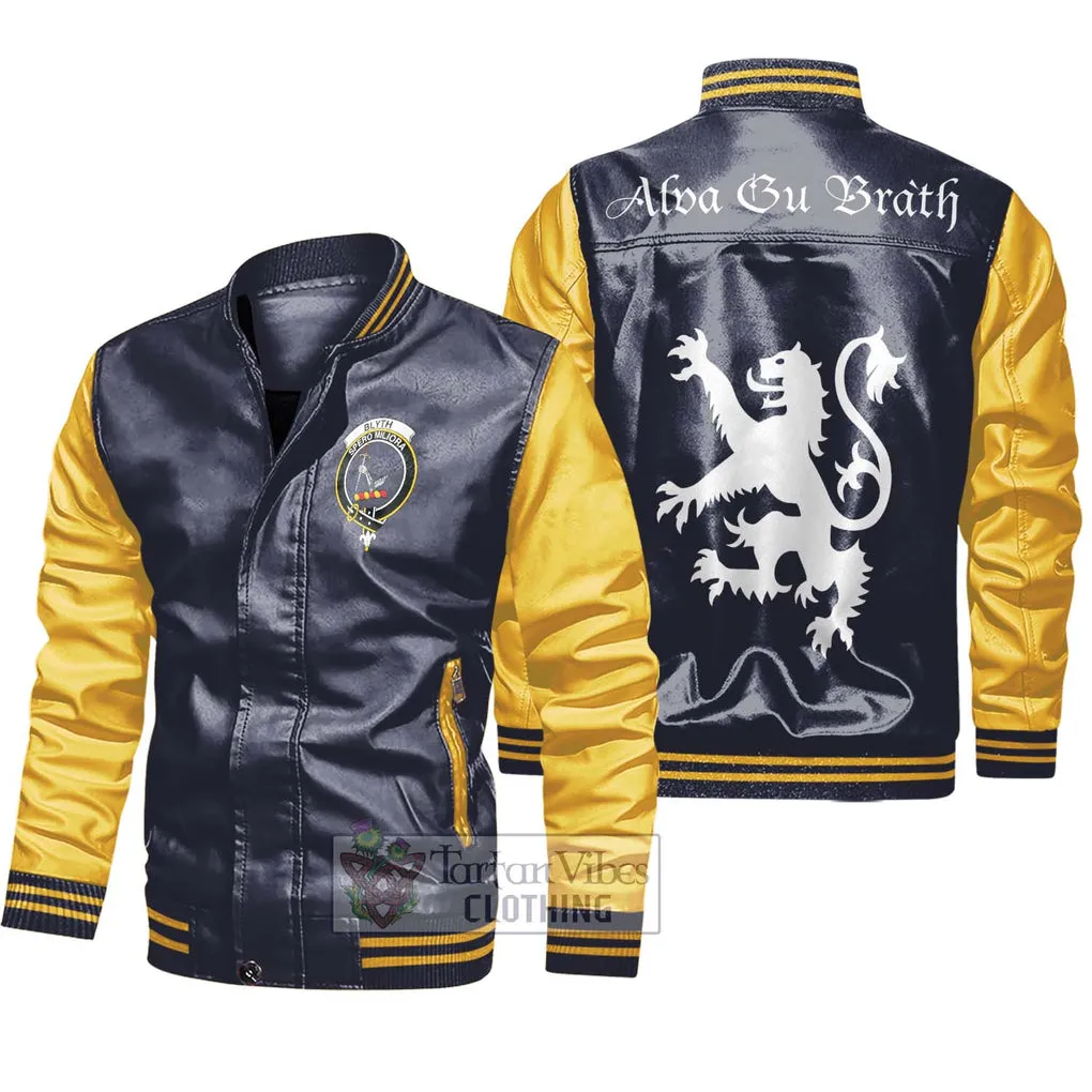 Blyth Family Crest Leather Bomber Jacket Lion Rampant Alba Gu Brath Style