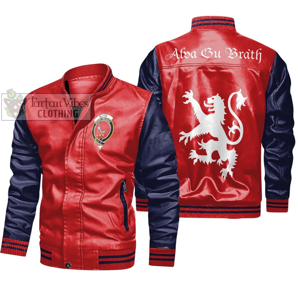 Blyth Family Crest Leather Bomber Jacket Lion Rampant Alba Gu Brath Style