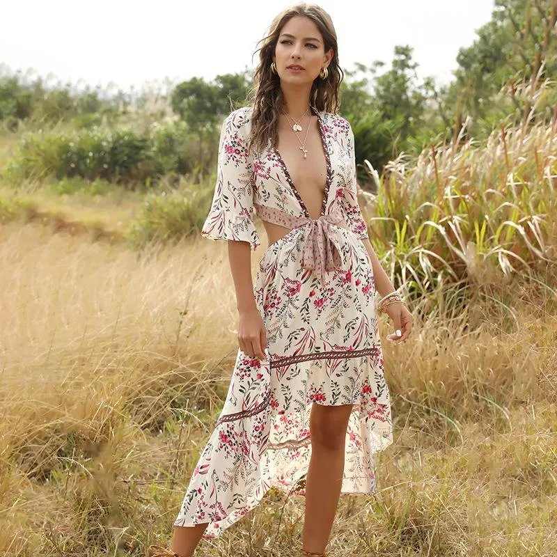 Bohemian Deep V Collar Tie with Back-to-back Retro Prints Irregular Hem Dress