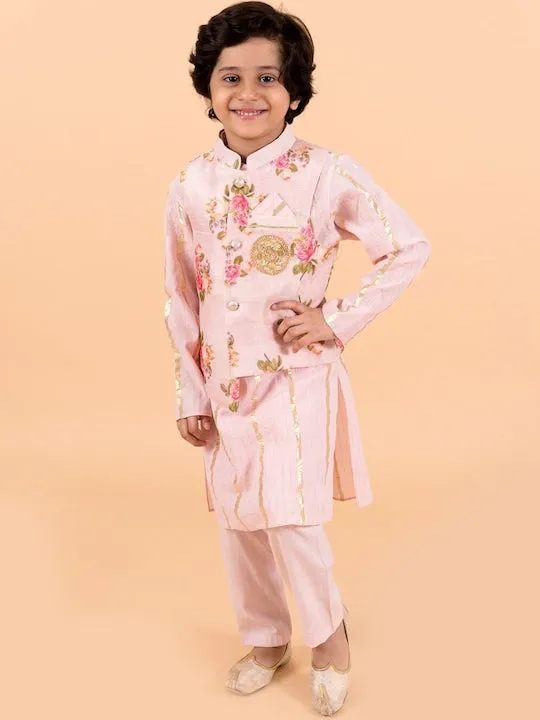 Boys Kids- Pink Floral Printed Pure Cotton Kurta With Trousers And Nehru Jacket - Ps Peaches