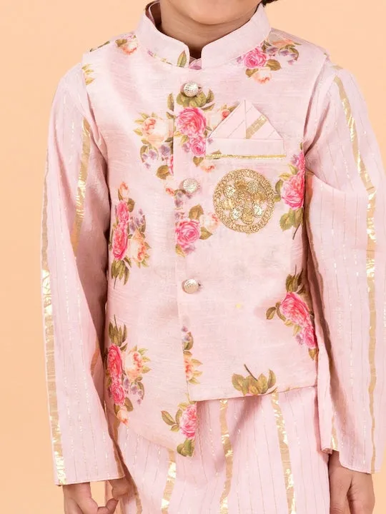 Boys Kids- Pink Floral Printed Pure Cotton Kurta With Trousers And Nehru Jacket - Ps Peaches